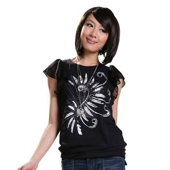 NEWTO 牛头牌 女装全棉蕾丝烫钻T恤E1084014 黑色 XL(170/92A)