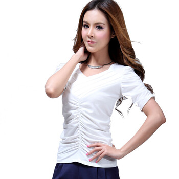 O.SA2012春夏装新款韩版女装V领褶皱修身T恤ST22300 白色 XL