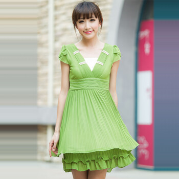 妮蕾迪 2012优雅淑女气质钉珠亮钻装饰修身百褶连衣裙1805 绿色 XXL