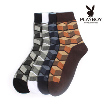 PLAYBOY 花花公子 精梳纯棉菱形格子休闲短筒男袜透气保健袜子2147 4双装（颜色随机） 混色 均码