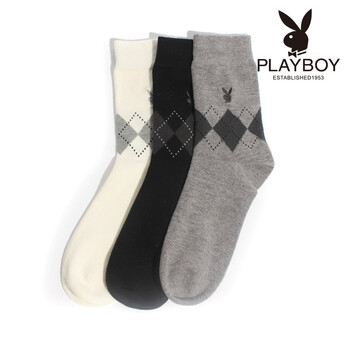 PLAYBOY 花花公子新款抗菌吸汗菱形提花商务休闲男士中长筒袜2118 黑色 均码