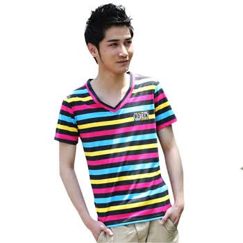 TUOYI拓一男装夏季新款2012条纹V领短袖T恤修身纯棉600T013 蓝色灰黄条纹 XXL