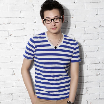 韩都衣舍 韩国2012夏季新款韩版男恤装短袖V领条纹T恤PA2011 蓝色 XL