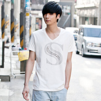 AMH 韩国2012夏季新款韩版烫钻男装V领短袖T恤OD2029 白色 XL