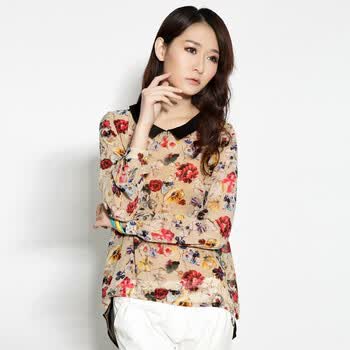 蔓可翡2012春夏田园风碎花气质 娃娃领梭织雪纺上衣MD1S02 杏色 M