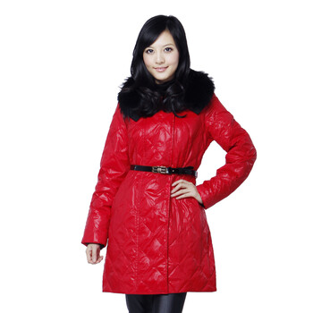蓝冰 女貉毛线领腰带中长款羽绒服^@^ BA67110 红色 175/XXL