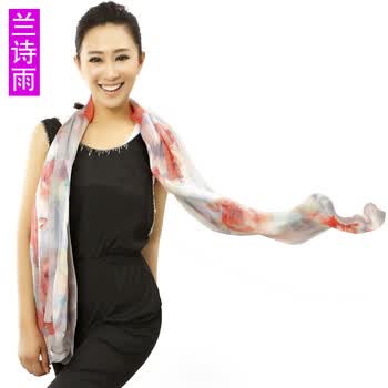 兰诗雨女春夏新款丝巾围巾真丝田园拼色披肩LSY480066 红色