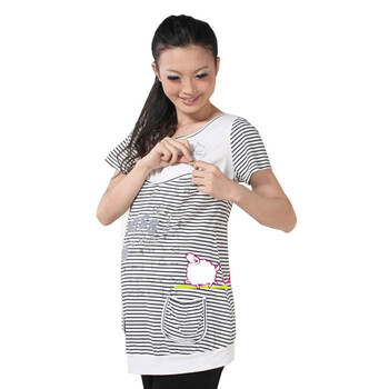 雅孕黑白条纹睡衣月子服孕妇哺乳套装半袖短袖D506 黑色 XL