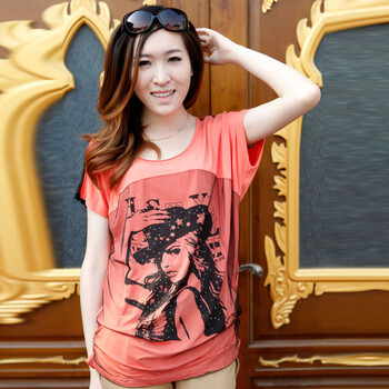 韩都衣舍 韩国2012夏装新款百搭图案短袖时尚T恤NN2271L01 西瓜红 M
