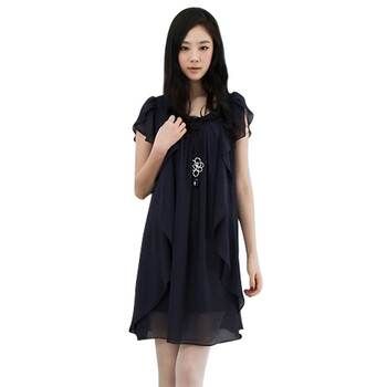 维妮 VINEY 2012夏装女装裙子气质休闲显身材圆领雪纺短袖连衣裙71035 深蓝色 均码