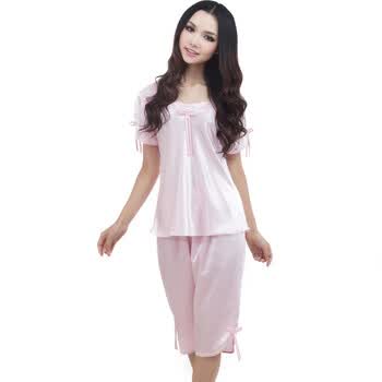 荻嘉茂 夏季女款蕾丝圆领绣花短袖六分裤两件套装2007a 粉色 XL