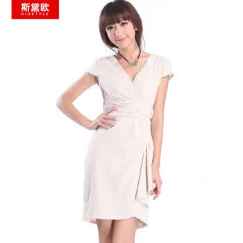 qiustyle新款雪纺性感裙子小礼服深V领连衣裙 卡其色 XXL