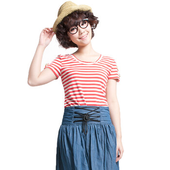 Basic House 百家好夏装条纹休闲T恤HLTS321A特 红色/RE 165/95/L