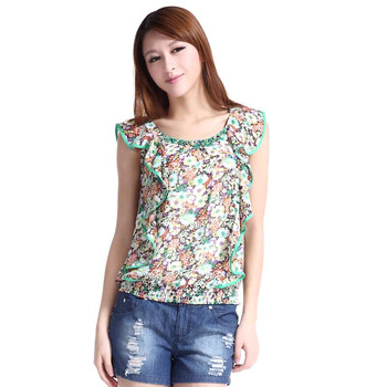 衣香丽影2012夏装新款清新碎花荷叶边雪纺衫9221088 绿色(41) XL
