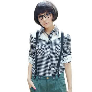 奈叶女装2012夏装新款蕾丝韩版长袖格子衬衫0153 黑色 L