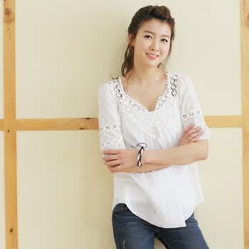 ogage2012新品女装韩国进口雪花蕾丝甜美清爽衬衫 白色 Free