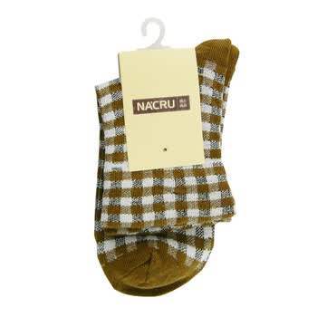 Nacru 纳古 2012春夏新品 女式休闲 经典方格舒适中筒袜 棕格 均码