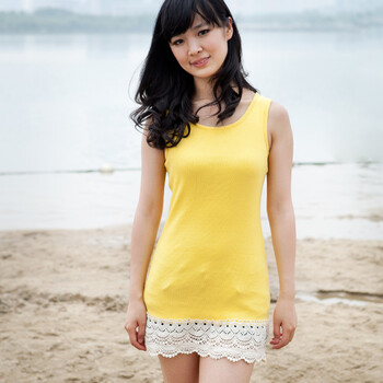 VERI GUDE 2012夏装新款蕾丝花边小吊带 百搭罗纹修身打底衫 纯棉打底小背心 黄色 L