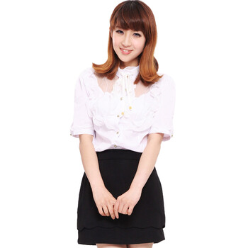 ranzukiy瑞卡依 2012夏装 雪纺立领短袖衬衫 女蕾丝花边镂空WB9619 白色 L