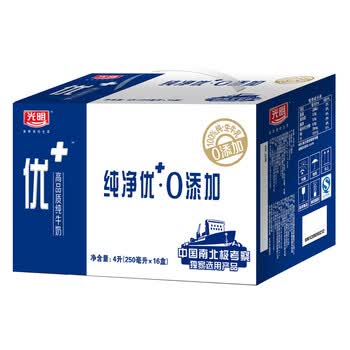 光明250ml优+利乐砖纯牛奶1提16盒