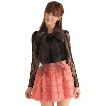 shinena/夏娜 2012春季新款 桃红/黑色多层木耳边珠饰蓬蓬裙 3154 红色 M