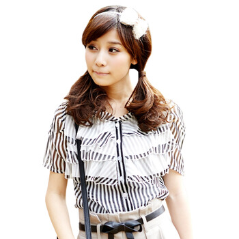 奈叶女装2012夏装韩版荷叶边OL耸肩泡泡条纹雪纺衫短袖衬衫2029 黑色 F