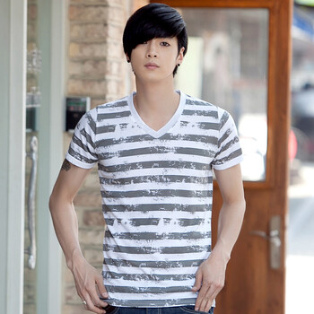 AMH 韩国2012新款夏装男装韩版百搭V领短袖T恤NR2013 灰色 180/96A XL