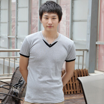 AMH 韩国2012新款夏装男装韩版修身V领短袖T恤NR2112 浅灰色 180/96A XL