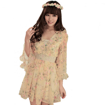 shinena/夏娜 2012春夏装新款女装裙子 V领甜美复古碎花雪纺连衣裙夏季女 1453 米色 L