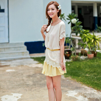 纳纹2012夏装新品女装韩版圆领气质蕾丝短袖雪纺衫039529X 米色 L