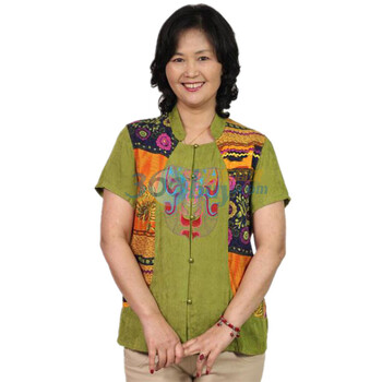 可绿尔 韩版时尚拼色脸谱印花短袖中老年妈妈装衬衫 Klfl 金利特脸谱# 绿色 XXXXL