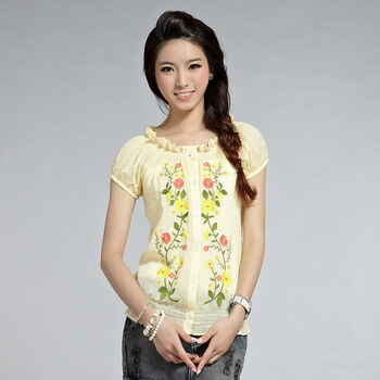 俏艺 2012夏装新款淑女花朵刺绣卷边圆领宽松短袖衬衫 1443 浅黄 XL