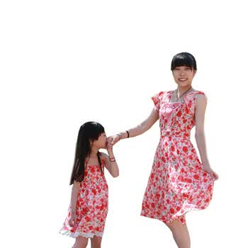 喜乐趣-MW0125M 浪漫夏日 晕染玫瑰 连衣裙母女装 母女款 红色 160cm妈妈
