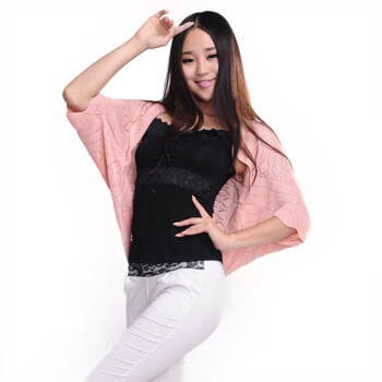 WELADO维拉朵 新款纯色纯手工蝙蝠袖钩花镂空披肩针织衫空调衫防晒衣 薄外套8001 粉色 均码