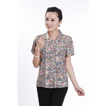 达思彼 新款中老年妈妈女装百搭印花短袖衬衫 FC诗梦佳韵小花 橘色 XXXXL