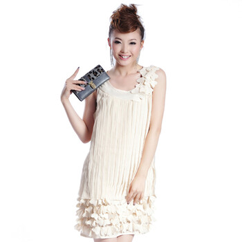 2012夏季欧美女装优雅时尚高端修身琴褶雪纺背心新款连衣裙L88014 米黄色 L