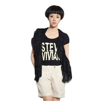 SteveVivian欧美风荷叶领修身露背衬衫（送内搭）102406416 黑色 L