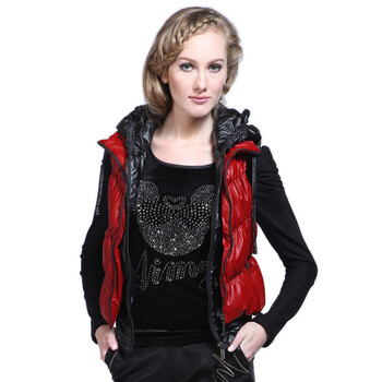 婉睿女装 新款欧美假二件双色PU皮羽绒服马夹WR-9220 红色 2XL