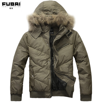 富柏Fubai真毛领连帽短款男士加厚保暖羽绒服 羽绒衣Y04 军绿色 XL-180