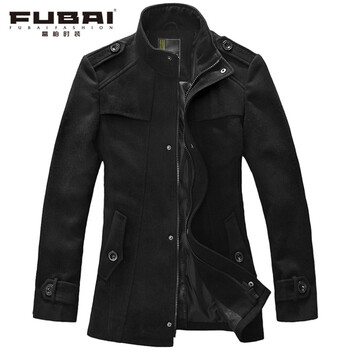 富柏fubai英伦男士立领毛呢子大衣 风衣外套FL0023 黑色 XXL-185