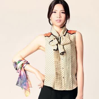 安都BASIC2012夏新款女装欧美撞色波点蝴蝶结雪纺无袖衬衣6211224 肤色 L