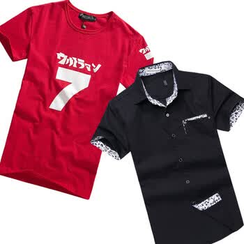 no1dara 男装超值组合:短袖个性花边衬衫搭配情侣装7字短袖T恤一件 1126+609 套餐 红+黑 T恤和衬衫的尺码请?
