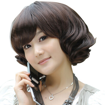 佰丝堂 复古时尚 斜刘海 短卷发中老年假发妈妈