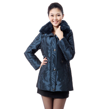 蓝冰 女 染色獭兔皮草毛领中长款羽绒服 ^@^BA62080 蓝色 175/XXL