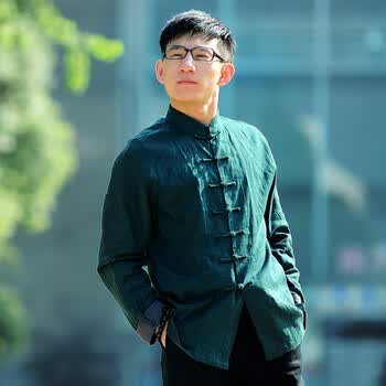 柒唐时尚唐装设计 对襟亚麻手工直扣长袖上衣外套 中式春秋男装新93 墨绿 XL