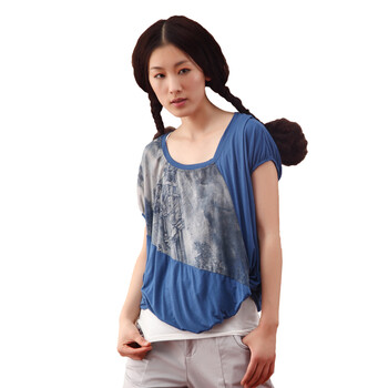 茵曼INMAN 2012夏装纯棉新款T恤短袖印花女T恤 301470 蓝色 XL