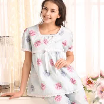 庆同夏季女式短袖睡衣甜美公主梭织纯棉布家居服两件套装1523 天蓝色 XL