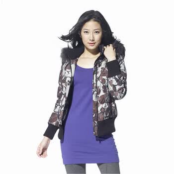 蓝冰女 貉子毛条可拆卸帽休闲短款羽绒服 ^@^BA60020 咖啡 175/XXL