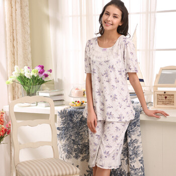 庆同女式夏天短袖睡衣可爱纯棉家居服套装6680 粉红色 XXL
