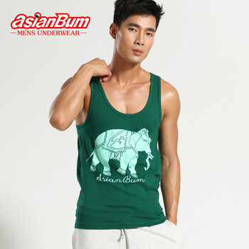 Asianbum暹罗大象印花嘻哈男士背心 纯棉 时尚休闲运动宽松汗背心H1804C 绿色 XXL